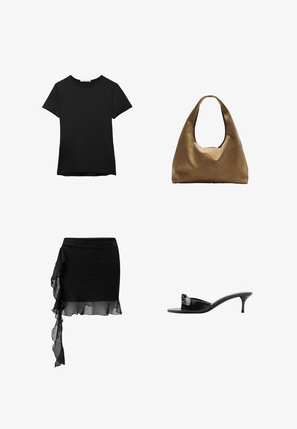Sort kortærmet t-shirt lavet af glat stof. Har en rund halsudskæring og en afslappet pasform med en lige kant.; Sort nederdel med et tætsiddende design, der har et gennemsigtigt flæse-detalje, der asymmetrisk hænger fra taljen til kanten. Glat tekstur.; Sorte læder slip-on mules med en sløjfe accent, åben tå og en slank høj hæl. Glat tekstur og minimalistisk design.; Brun stof skuldertaske med en bred, rundet krop og et stort udsnit håndtag. Blød tekstur, minimalistisk design og ingen synlig hardware.