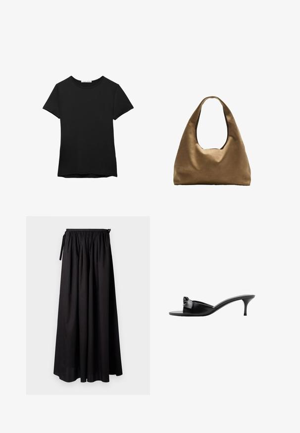T-shirt nera a maniche corte realizzata in tessuto liscio. Presenta un collo rotondo e una vestibilità comoda con orlo dritto.; Gonna maxi nera con una vita arricciata, caratterizzata da dettagli con lacci e un design fluido realizzato in tessuto morbido. Nessun motivo o accento visibile.; Mule aperti neri in pelle liscia con un accento a fiocco, punta aperta e tacco alto sottile. Texture liscia e design minimalista.; Borsa a spalla in tessuto marrone con un corpo ampio e arrotondato e una grande maniglia a taglio. Texture morbida, design minimalista e senza hardware visibile.