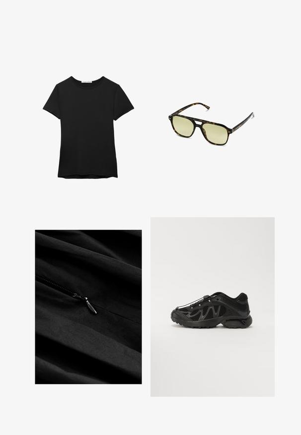 Czarny t-shirt z krótkim rękawem wykonany z gładkiego materiału. Posiada okrągły dekolt i luźny krój z prostym wykończeniem hemu.; Czarna tkanina o subtelnej strukturze, z zapięciem na zamek błyskawiczny. Zamek ma metalowy uchwyt, umieszczony na gładkim, opadającym materiale.; Czarna sportowa obuwie z siateczkową cholewką, zakrzywionym kształtem i gumową podeszwą. Posiada elastyczne sznurowadła i fakturowane akcenty dla lepszej przyczepności.; Słoneczne okulary w kratkę w kształcie prostokąta, z soczewkami w zielonym odcieniu i wzorzystymi ramkami z acetatu. Posiadają metalowe akcenty w pobliżu soczewek.