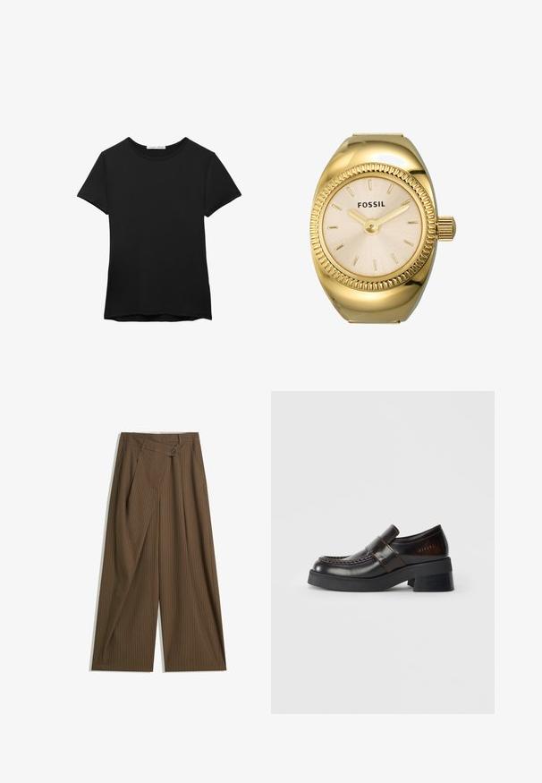 Zwarte t-shirt met korte mouwen van gladde stof. Heeft een ronde halslijn en een losse pasvorm met een rechte zoom.; Bruine wijde broek met fijne witte streepjes, hoge taille, sluiting met een knop aan de voorkant en een overslagpaneel.; Bruine leren loafers met een stevige zwarte hak, voorzien van een gestikt ontwerp en een band over de bovenkant voor extra detail.; Gouden Fossil horloge met een gestructureerde krijtwitte wijzerplaat, dunne uurmarkeringen en een kroon. Beschikt over een ronde kast met een geribbeld bezel.