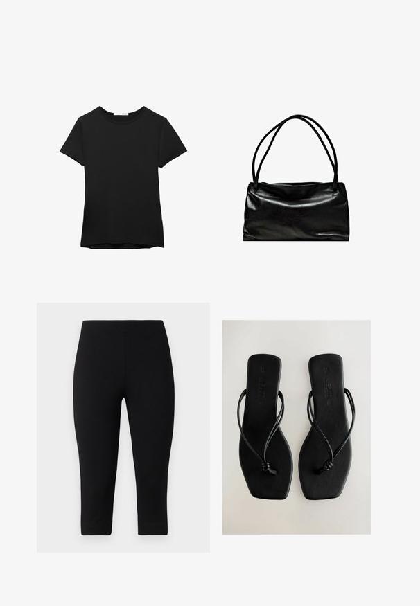 Černé tričko s krátkým rukávem vyrobené z hladké tkaniny. Má kulatý výstřih a volný střih s rovním lemem.; Černé capri legíny vyrobené z elastického materiálu, s těsným střihem a hladkou texturou, bez výrazných vzorů nebo akcentů.; Černé ploché sandály s tenkými pásky, obdélníkovou podrážkou a hladkým povrchem. Obsahují uzlové akcenty pásků a ražené logo.; Černá kožená taška s hladkým povrchem, obdélníkovým tvarem a dvěma dlouhými uchy. Jednoduchý design bez viditelného hardwaru nebo ozdob.