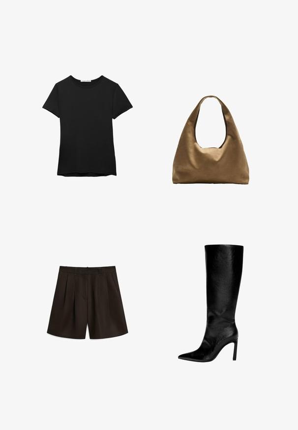 Sort kortærmet t-shirt lavet af glat stof. Har en rund halsudskæring og en afslappet pasform med en lige kant.; Massimo Dutti PLEATED BERMUDA - Shorts - dark brown; Knæhøj sort læderstøvle med spids tå, høj stiletthæl, glat finish og et enkelt, strømlinet design uden pynt.; Brun stof skuldertaske med en bred, rundet krop og et stort udsnit håndtag. Blød tekstur, minimalistisk design og ingen synlig hardware.