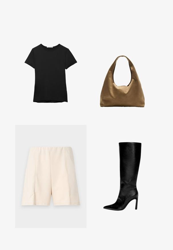 Schwarzes kurzärmliges T-Shirt aus glattem Stoff. Mit Rundhalsausschnitt und einer lockeren Passform sowie einem geraden Saum.; Helle beigen Shorts mit glatter Textur, elastischem Bund und Seitennaht. Einfaches Design ohne sichtbare Muster oder Akzente.; Knöchelhoher schwarzer Lederstiefel mit spitzem Zeh, hohem Stöckelabsatz, glatter Oberfläche und einem einfachen, eleganten Design ohne Verzierungen.; Braune Stoffschultertasche mit einem breiten, runden Körper und einem großen Ausschnittgriff. Sanfte Textur, minimalistisches Design und keine sichtbaren Beschläge.