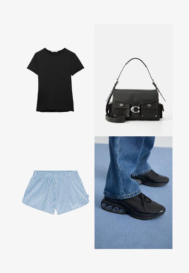 Čierne tričko s krátkymi rukávmi vyrobené z hladkej tkaniny. Má okrúhly výstrih a voľný strih so rovnou lemovkou.; Modré a biele pruhované kraťasy s elastickým pásom, dvoma gombíkmi vpredu a voľnejším strihom. Tkanina pôsobí hladko s ľahkou textúrou.; Čierne atletické tenisky s vrchným materiálom z elastického sieťového textilu, s textúrovanými akcentmi a viditeľnými vzduchovými podložkami v podrážke. Nosené s modrými džínsami.; Čierna kožená kabelka s klopou, striebornými kovovými prvkami, dvoma prednými vreckami, kontrastným prešívaním a odnímateľným ramenným popruhom.