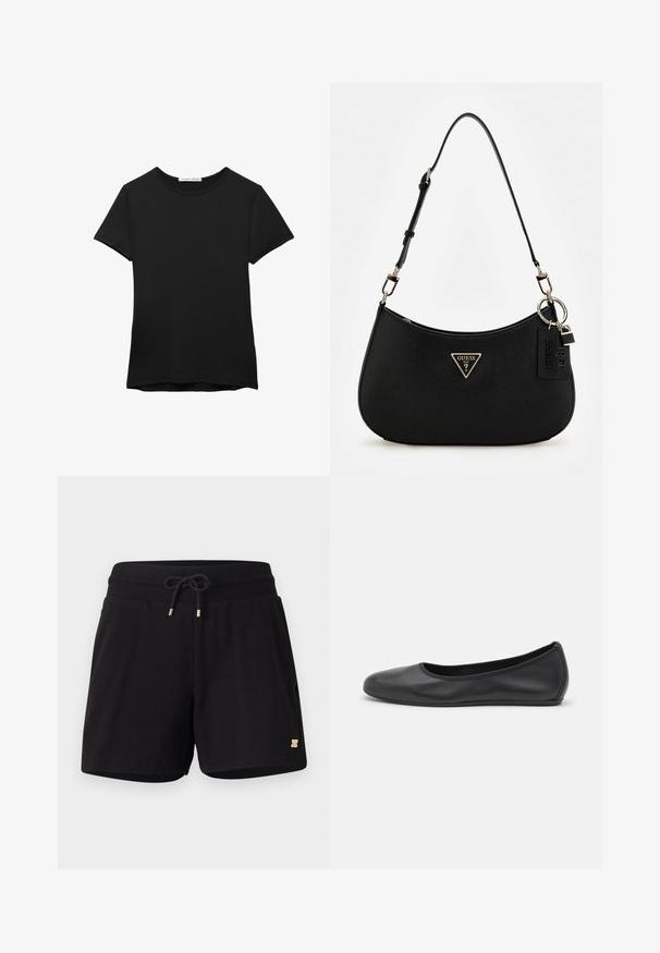 Crna majica kratkih rukava od glatkog materijala. Ima okrugli izrez i opušteni kroj s ravnim rubom.; Crne pamučne kratke hlače s elastičnim pojasom, podesivom vezicom i zlatnim detaljima. Imaju bočne džepove i glatku teksturu.; Crne kožne baletanke s zaobljenim vrhom, glatke teksture, minimalnim detaljima šavova i fleksibilnim dizajnom potplata.; Crna sintetika torba za rame s zakrivljenim oblikom, teksturiranim završetkom, zlatnim trokutastim logotipom i odvojivim hardverskim naglascima.