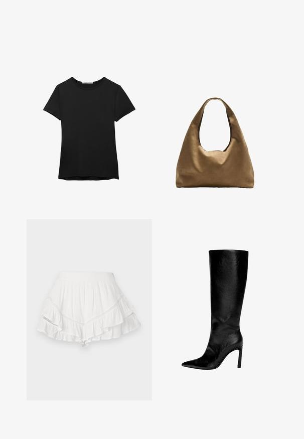 T-shirt nera a maniche corte realizzata in tessuto liscio. Presenta un collo rotondo e una vestibilità comoda con orlo dritto.; Gonna bianca con volant a strati, realizzata in tessuto leggero. Presenta cuciture decorative lungo le cuciture e una vita aderente.; Stivale in pelle nera fino al ginocchio con punta affusolata, tacco a spillo alto, finitura liscia e design semplice ed elegante senza decorazioni.; Borsa a spalla in tessuto marrone con un corpo ampio e arrotondato e una grande maniglia a taglio. Texture morbida, design minimalista e senza hardware visibile.