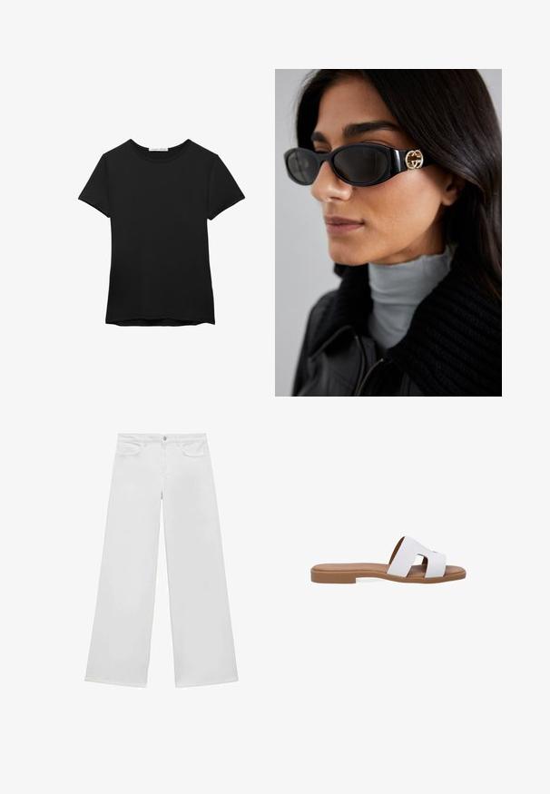 Schwarzes kurzärmliges T-Shirt aus glattem Stoff. Mit Rundhalsausschnitt und einer lockeren Passform sowie einem geraden Saum.; Weiße weite Jeans aus Denim mit flachem Bund, zwei Vordertaschen und Knopfverschluss, mit geradem Bein und ohne sichtbare Muster.; Weiße Sandale mit zwei ausgeschnittenen Riemen, glattem Synthetik-Obermaterial, flacher brauner Sohle, leichtem Design und minimalistischem Stil.; Schwarze Sonnenbrille mit einem schlanken rechteckigen Rahmen und einem goldenen Logo-Akzent an der Seite. Dunkle Gläser und glänzende Oberfläche sind auffällig.