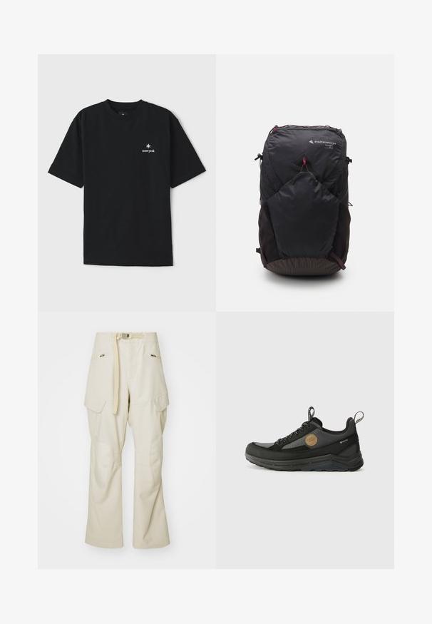Black cotton t-shirt with a round neckline, short sleeves, and a small white logo reading “snow peak” on the left chest. Simple design.; Beige cargo pants with a wide leg, belted waist, two side pockets, and knee patches. Smooth texture with reinforced stitching details.; Black and gray hiking shoe with a textured upper, featuring a rounded toe, laces, and a rubber sole. Accented with a logo patch.; Black backpack with a triangular logo, 26L capacity, zip closure, textured lower panel, and contrasting red accents for added detail.