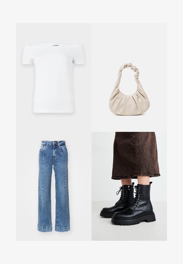 T-shirt blanc décolleté, à manches courtes, en coton doux, avec un design ajusté et un ourlet inférieur droit.; Jean large en denim bleu clair avec une taille haute, présentant des poches avant et des coutures décoratives. L'ourlet est roulé et cousu.; Bottines en cuir noir avec une semelle épaisse, un laçage à l'avant et une fermeture éclair sur le côté. Comprend des œillets en argent et une texture lisse.; Sac à main en simili cuir beige avec une poignée froncée, un corps plissé et une texture douce. Forme compacte et arrondie, conçu pour être porté à la main ou au bras.