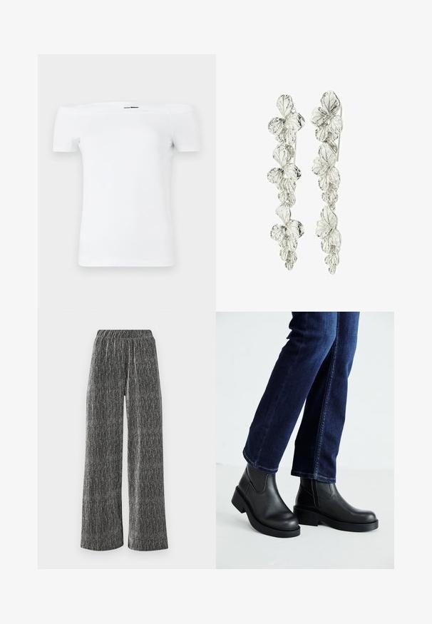 White off-the-shoulder t-shirt with short sleeves, made of soft cotton material, featuring a fitted design and a straight bottom hem.; Wide-leg trousers in a textured, black and silver material with a fitted elastic waistband and vertical striped pattern.; Black leather ankle boots with a chunky sole and side elastic panels, paired with dark blue jeans. The ground is light-colored.; Silver earrings featuring a floral design with layered leaves. The texture appears intricate and polished, accentuating the natural motif.