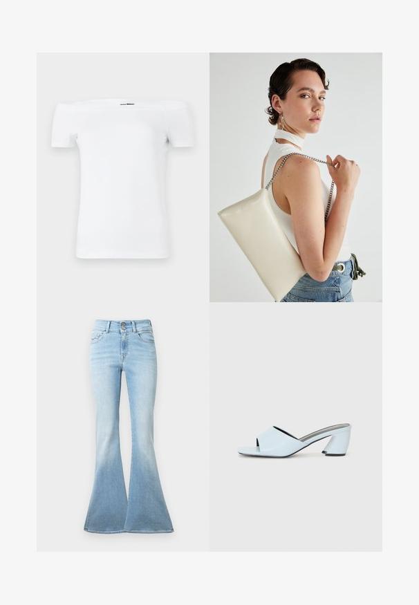 Balta topiņa ar atklātiem pleciem, īsām piedurknēm, izgatavota no mīksta kokvilnas materiāla, ar pieguļošu dizainu un taisnu apakšējo maliņu.; Gai zili džinsi ar platām piegriezuma kājām, izgatavoti no denima. Iebūvēta augsta josta ar divām pogām un nelielu izbalējumu pie apakšmalas. Klasiska piecu kabatu dizains.; Gaiši zilas atvērtā purngala papēžu mūlas ar ģeometrisku dizainu, kas ietver platu siksnu pāri pēdai un masīvu, stūrainu papēdi.; Balts taisnstūra clutch soma, izgatavota no spīdīga materiāla, ar sudraba ķēdes siksnu. Modelis pozē, demonstrējot somu uz vienkārša fona.