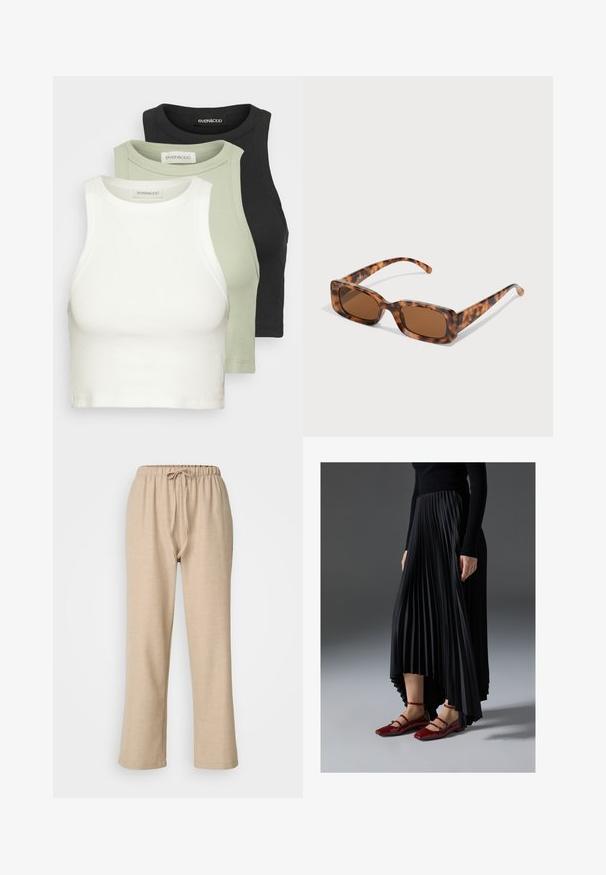 Conjunto de tres tops cortos acanalados en blanco, verde claro y negro. Cada uno presenta un cuello redondo y un diseño sin mangas. Material de algodón suave.; ONLY Petite ONLAMAHLE STRAIGHT PULL UP - Pantalones - pumice stone; Falda negra plisada con un dobladillo asimétrico, combinada con bailarinas rojas brillantes que tienen un diseño de tiras. La tela tiene una textura suave.; Gafas de sol de carey con lentes marrones rectangulares, un marco grueso y patillas delgadas que presentan un patrón de diferentes tonos de marrón.; Pendientes de aro de plata con un acabado liso y pulido. Forma redonda y cierre de click seguro. Diseño ligero adecuado para el uso diario.