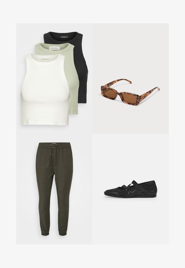 Set of three ribbed crop tops in white, light green, and black. Each features a round neck and sleeveless design. Soft cotton material.; Dark green jogger pants with a drawstring waistband, tapered cuffs, and a smooth, lightweight fabric texture. Simple and functional design.; Black flat shoes with a soft, textured upper, featuring two adjustable straps and a rounded toe design, mounted on a flat rubber sole.; Tortoiseshell sunglasses with rectangular brown lenses, a thick frame, and slim arms featuring a pattern of varying shades of brown.