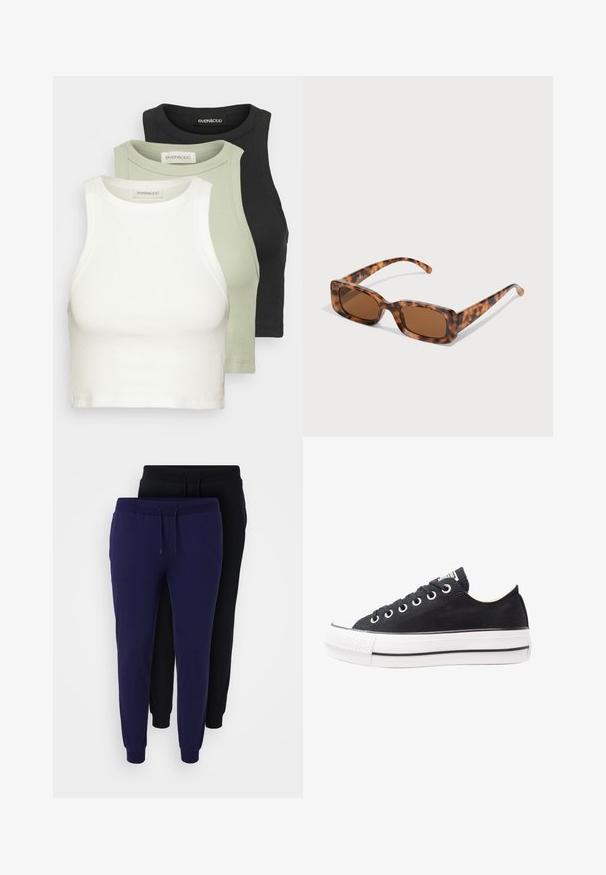 Zestaw trzech prążkowanych topów typu crop w białym, jasnoszarym i czarnym kolorze. Każdy z nich ma okrągły dekolt i jest bez rękawów. Wykonane z miękkiego bawełnianego materiału.; Even&Odd Curvy 2 PACK - Spodnie treningowe; Czarne trampki na canvasie z białą gumową podeszwą, okrągłym noskiem, niskim fasonem, metalowymi oczkami oraz teksturowanym noskiem. Cienka czarna linia wzdłuż podeszwy.; Okulary przeciwsłoneczne w kolorze tortoishell z prostokątnymi brązowymi soczewkami, grubą oprawką i cienkimi zausznikami z wzorem w różnych odcieniach brązu.