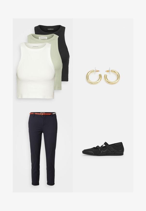 Σέτ τριών κοντών μπλούζων με ρίγες σε λευκό, ανοιχτό πράσινο και μαύρο. Κάθε μπλούζα έχει στρογγυλή λαιμόκοψη και σχέδιο χωρίς μανίκια. Μαλακό βαμβακερό υλικό.; Ναυτικό μπλε παντελόνι με στενή εφαρμογή, με cuffed άκρα και καφέ ζώνη με κυκλικό χρυσό κούμπωμα. Κατασκευασμένο από απαλό ύφασμα.; Μαύρα επίπεδα παπούτσια με μαλακό, υφασμάτινο πάνω μέρος, διαθέτουν δύο ρυθμιζόμενες straps και σχέδιο στρογγυλής μύτης, τοποθετημένα σε επίπεδη καουτσούκ σόλα.; Χρυσά σκουλαρίκια κρίκοι με ομαλή, γυαλιστερή επιφάνεια. Κυκλικός σχεδιασμός που διαθέτει μια μικρή βάση και διαφανή στήριξη για ασφαλή χρήση.