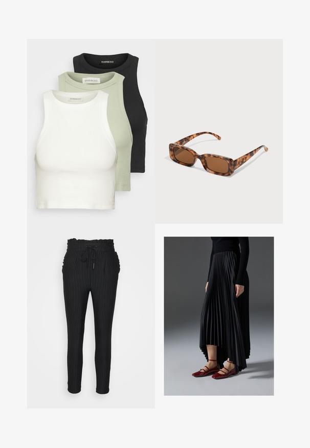 Zestaw trzech prążkowanych topów typu crop w białym, jasnoszarym i czarnym kolorze. Każdy z nich ma okrągły dekolt i jest bez rękawów. Wykonane z miękkiego bawełnianego materiału.; ONLY Petite ONLPOPTRASH CLASSI PINSTRIPE FRILL - Spodnie materiałowe; Czarna plisowana spódnica z asymetrycznym dołem, zestawiona z błyszczącymi czerwonymi balerinkami z paskiem. Tkanina ma gładką teksturę.; Okulary przeciwsłoneczne w kolorze tortoishell z prostokątnymi brązowymi soczewkami, grubą oprawką i cienkimi zausznikami z wzorem w różnych odcieniach brązu.