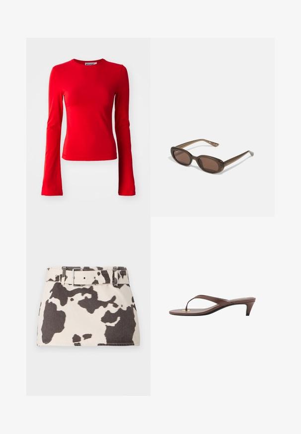 Top roșu cu mâneci lungi, realizat dintr-un material neted și elastic. Prezintă un guler tip crew și o siluetă ajustată. Design simplu, fără modele sau accente.; Fustă mini din denim cu print de vacă, cu talie cu brâu. Prezintă forme contrastante de culoare maro închis pe un fundal deschis. Material texturat cu cusături rezistente.; Sandaș cu toc înalt, de culoare maro, cu o curea subțire și vârf rotunjit, având un mic accent auriu pe talpa interioară.; Ochelari de soare ovali maro, cu lentile închise la culoare. Ramele sunt dintr-un material translucid maro și prezintă un logo imprimat pe tempere.; Geantă din suede de culoare bej, cu două mânere lungi, formă rectangulară și cusături decorative. Dispune de o curea laterală și detalii subtile din aur.