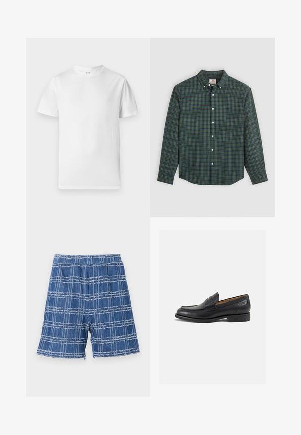 Bijela kratka majica s kratkim rukavima od mekog pamuka. Ima okrugli izrez i ravni rub s minimalnim detaljima.; Košulja s dugim rukavima, s uzorkom karirane zelene, plave i žute boje, bijelim gumbima i zakopčanim ovratnikom.; Traperice s raspucanom rubom, s plavim kariranim uzorkom. Elastična strukovina, ravnog kroja i mekanog materijala.; Crne kožne loferice s glatkom površinom, zaobljenim vrhom i dekorativnim šavom na gornjem dijelu. Nizak potplat s malim potpeticama i blagi sjaj.