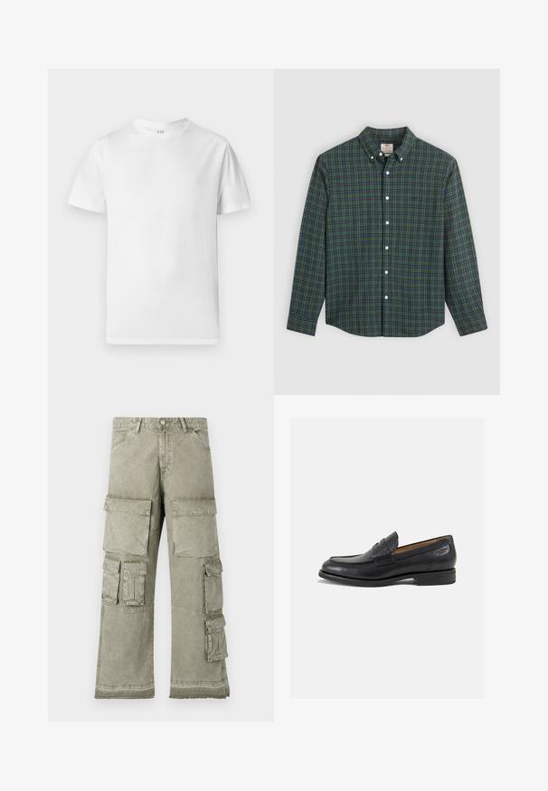 Bela kratka majica s kratkimi rokavi iz mehke bombažne tkanine. Ima okrogle izreze in ravno rob s minimalnimi detajli.; Srajca z dolgimi rokavi z gumbom, v zeleni, modri in rumeni karirasti vzorec, z belimi gumbi in ovratnikom z gumbom.; Cargo hlače v svetlo olivno zeleni barvi, z več velikimi žepi, širokim krojem in surovim robom. Narejene iz trpežnega blaga.; Črne usnjene loafers cipele z gladko površino, zaobljenim nosom in dekorativnim šivom na vampu. Nizek zloženi peti in rahla sijaj.