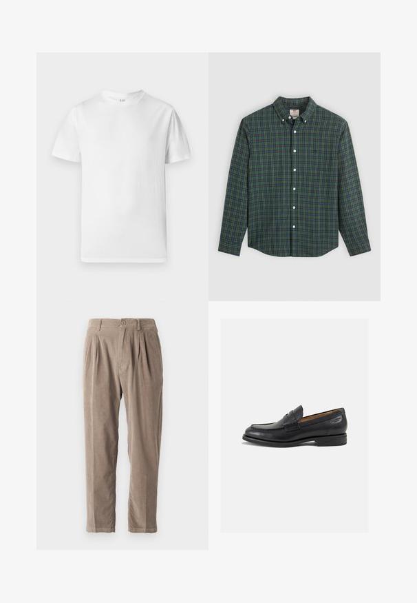 Biała koszulka z krótkim rękawem, wykonana z miękkiej bawełny. Posiada okrągły dekolt i prosty dół z minimalnymi detalami.; Koszula z długim rękawem, zapinana na guziki, w zielono-niebiesko-żółtą kratkę, z białymi guzikami i kołnierzykiem zapinanym na guziki.; Beżowe spodnie z wafelkiem o luźnym kroju, z przeszyciami, z zapięciem na guzik oraz bocznymi kieszeniami, teksturowana powierzchnia i zwężany krój nogawek.; Czarne skórzane mokasyny o gładkim wykończeniu, zaokrąglonym nosku i dekoracyjnym przeszyciu na cholewce. Niski, warstwowy obcas i delikatny połysk.