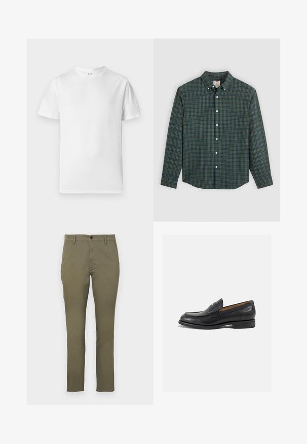 Valge lühikeste varrukatega T-särk, mis on valmistatud pehmest puuvillast. Omab ümmargust kaelust ja sirget äärt, millel on minimaalne detailitunne.; Pikend varrukatega nööbiga särk rohelise, sinise ja kollase ruudulise mustriga, valged nööbid ja nööbitud krae.; Oliivroheline, kitsas lõikega chinopüksid, mis on valmistatud siledast puuvillast. Omab nööbikinnitust ja nelja taskut. Lihtne, minimalistlik disain.; Mustad mustad nahast loafers, sujuva viimistlusega, ümar sirge ja dekoratiivne tikand peal. Madal ja kergelt kuhjatud konts ning kerge läige.