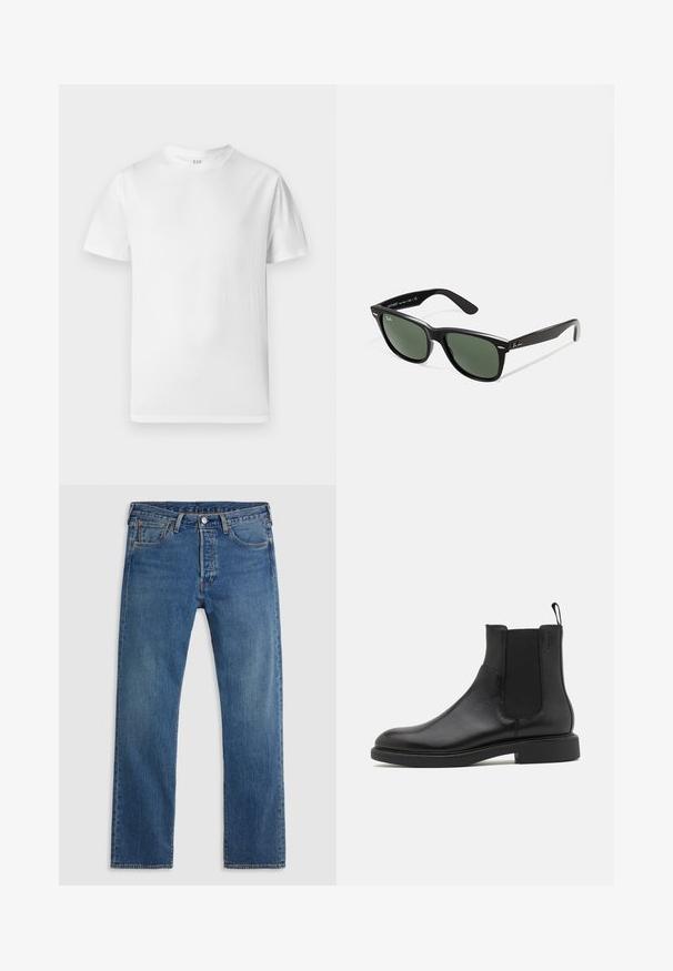 White short-sleeve t-shirt made of soft cotton. Features a round neckline and a straight hem with minimal detailing.; Blue straight-leg denim jeans with five pockets, belt loops, and a front button and zipper closure on a plain background.; Black leather ankle boot with smooth texture, elastic side panels, and a pull tab. Round toe and flat rubber sole with minimal tread.; Black plastic sunglasses with green lenses, square frames, silver accent on the brow, and textured temple arms. Stated brand on inner arm.