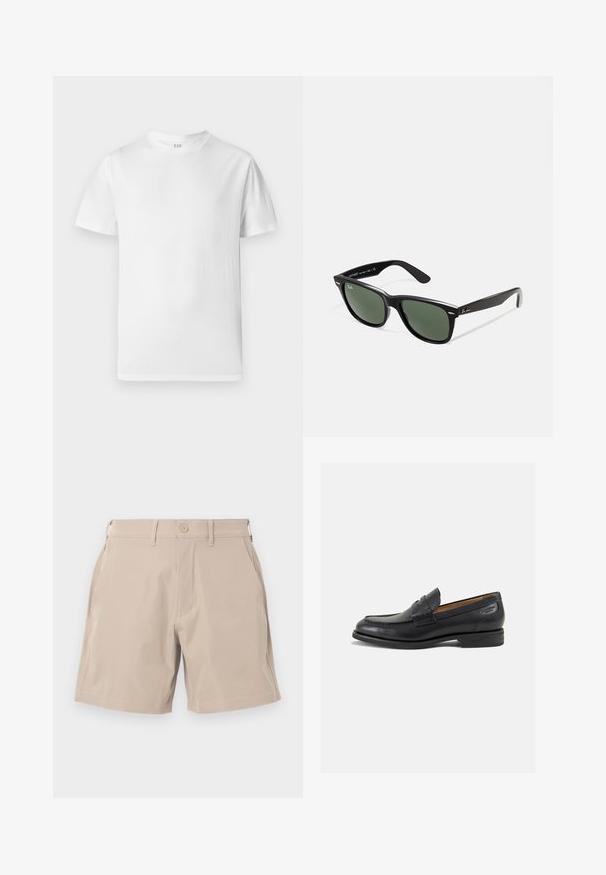 Valkoinen lyhythihainen t-paita, joka on valmistettu pehmeästä puuvillasta. Siinä on pyöreä pääntie ja suora helma, jossa on minimaalista yksityiskohtaa.; Beiget sort lavet af let væv, med fire lommer og knaplukning, en glat tekstur og lige snit design.; Mustat nahkaloaferit, joissa on sileä pinta, pyöreä varvas ja koristeompeleet varpaansuojassa. Matala pinottu korko ja hieno kiilto.; Mustat muoviset aurinkolasit, joissa on vihreät linssit, neliönmuotoiset kehykset, hopeinen yksityiskohta kulmakarvojen kohdalla sekä tekstuuriset temppeleiden varret. Brändi ilmoitettu sisävarsissa.