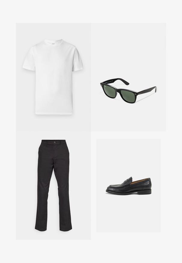 Bela kratka majica s kratkimi rokavi iz mehke bombažne tkanine. Ima okrogle izreze in ravno rob s minimalnimi detajli.; GAP STRAIGHT PERFORMANCE - Hlače - true black; Črne usnjene loafers cipele z gladko površino, zaobljenim nosom in dekorativnim šivom na vampu. Nizek zloženi peti in rahla sijaj.; Črne plastične sončna očala z zelenimi lečami, kvadratni okvirji, srebrni detajl na obrvi in teksturirani ročaji. Blagovna znamka navedena na notranji strani ročaja.