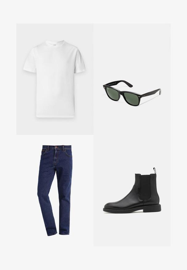 Bela kratka majica s kratkimi rokavi iz mehke bombažne tkanine. Ima okrogle izreze in ravno rob s minimalnimi detajli.; Temno modri traper hlače ravnega kroja z sprednjimi žepi, gumbom za zapiranje, zankami za pas in vidnim šivanjem.; Črne usnjene gležnjarje z gladko teksturo, elastičnimi stranskimi paneli in zanko za obuvanje. Okrogel prst in raven gumijast podplat z minimalnim profilom.; Črne plastične sončna očala z zelenimi lečami, kvadratni okvirji, srebrni detajl na obrvi in teksturirani ročaji. Blagovna znamka navedena na notranji strani ročaja.