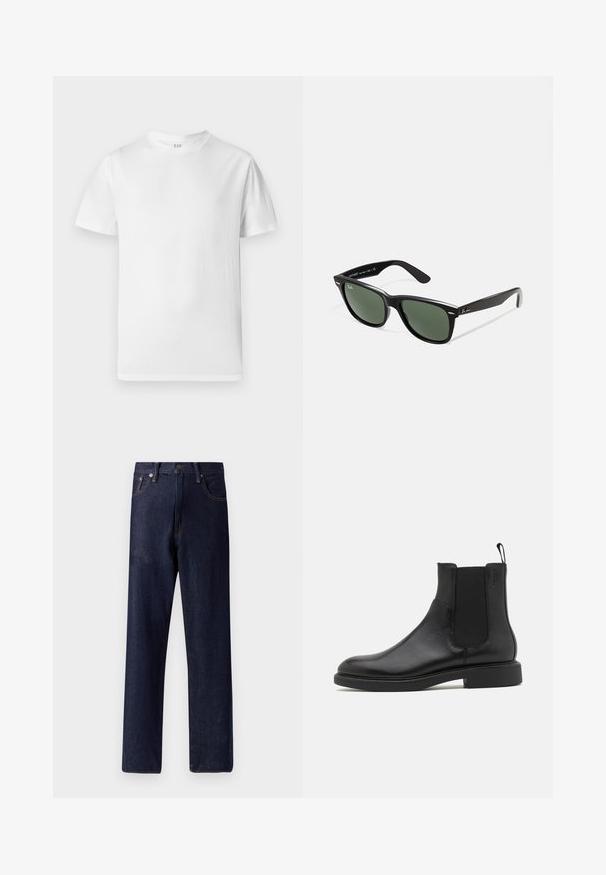 White short-sleeve t-shirt made of soft cotton. Features a round neckline and a straight hem with minimal detailing.; Dark blue denim jeans with a straight-leg cut, five pockets, and subtle stitching details. Mid-rise waist with metal button and zipper closure.; Black leather ankle boot with smooth texture, elastic side panels, and a pull tab. Round toe and flat rubber sole with minimal tread.; Black plastic sunglasses with green lenses, square frames, silver accent on the brow, and textured temple arms. Stated brand on inner arm.