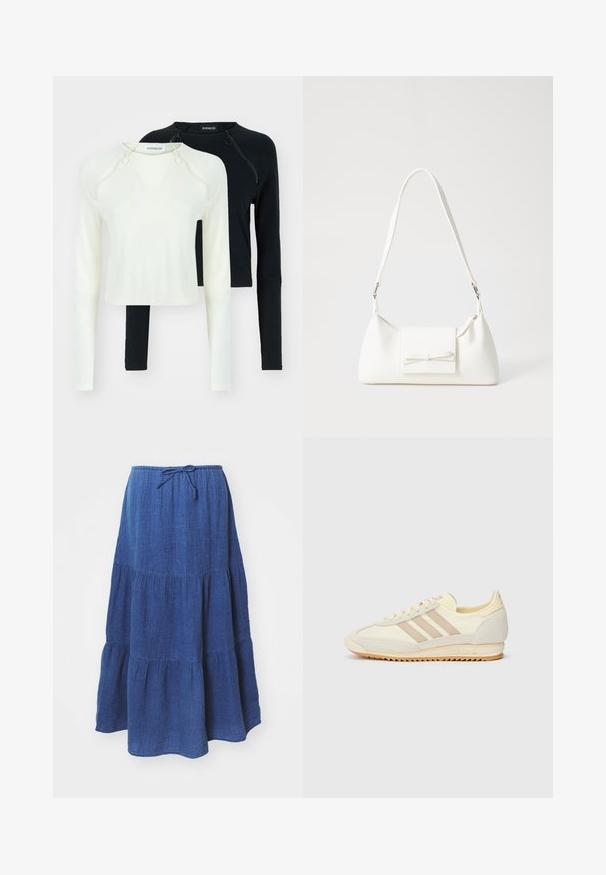 Dve dolge majice z dolgimi rokavi, ena v beli in ena v črni barvi. Obe imata okrogle izreze in okrasne zadrge na ramenu. Gladko blago.; Modra, stratificirana krila iz lahkega materiala, z teksturiranim vzorcem, elastičnim pasom z vrvico in zračnim silhuetom.; Kremna atletska teniska obutev z tremi bež črtami, usnjatom in tekstilnim materialom, teksturiranim podplatom ter embosiranim logotipom na peti.; Bela sintetična torbica v obliki trikotnika, z ravnim sprednjim poklopcem in detajlom mašne, nastavljivim trakom, gladko teksturo in minimalističnim dizajnom.