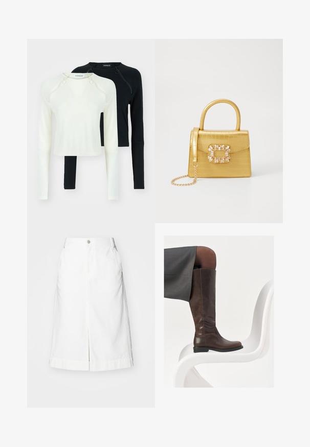 Dve dolge majice z dolgimi rokavi, ena v beli in ena v črni barvi. Obe imata okrogle izreze in okrasne zadrge na ramenu. Gladko blago.; Bela denim krila z ravnim krojem, sprednjim razporkom in enojnim kovinskim gumbnim zapiranjem na pasu. Vključuje stranske žepke in prilagojen rob.; Rjave usnjene škornje do kolen z zaobljenim nosom, gladko teksturo in minimalnimi šivi, postavljeni na svetlo ozadje na belem stolu.; Rumeno usnjeno-usnje z vzorcem krokodila, s strukturiranim dizajnom, zgornjo ročajem, snemljivo verižico in dekorativnim kristalnim okrasjem na zaponki.