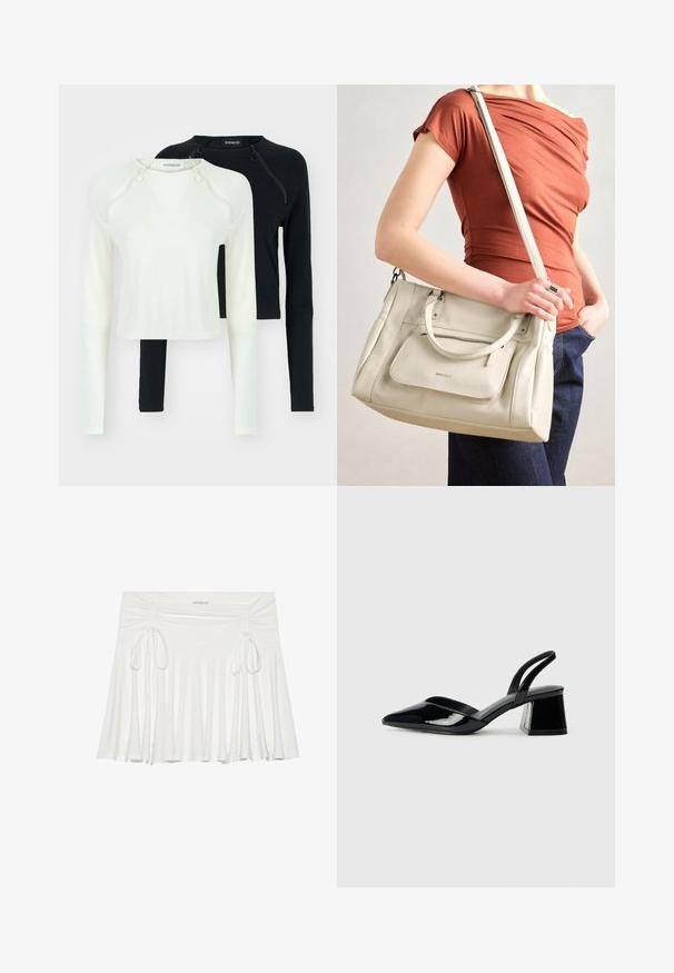 Two long-sleeve tops, one in white and one in black. Both feature round necklines and decorative zippers at the shoulder. Smooth fabric.; White flared skirt made of soft fabric, featuring gathered side details with adjustable ties, creating a flowing silhouette.; Black patent leather slingback heels with a pointed toe and a geometric block heel. Features a sleek, minimal design and smooth texture.; White leather handbag with dual handles and a detachable strap, featuring a front zip pocket and smooth texture. Carrying on a person's arm.