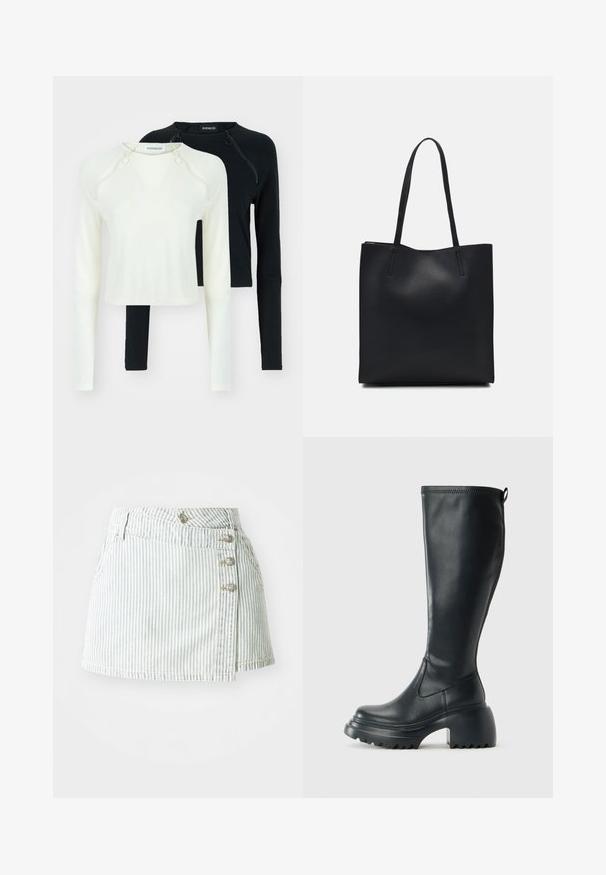 Két hosszú ujjú felső, az egyik fehér, a másik fekete. Mindkettő kerek nyakkal és díszcipzárral rendelkezik a vállon. Sima anyag.; Világoskék csíkos farmer szoknya átkötős dizájnnal, öt díszgombbal az oldalon és sima textúrával.; Magas fekete bőrcipő, vastag platform talppal és blokk sarokkal, húzófüllel és texturált profillal az outsole-on.; Fekete bőrtáska sima felszínnel, téglalap alakú, két hosszú füllel. Nincs látható fémkiegészítő vagy díszítés.