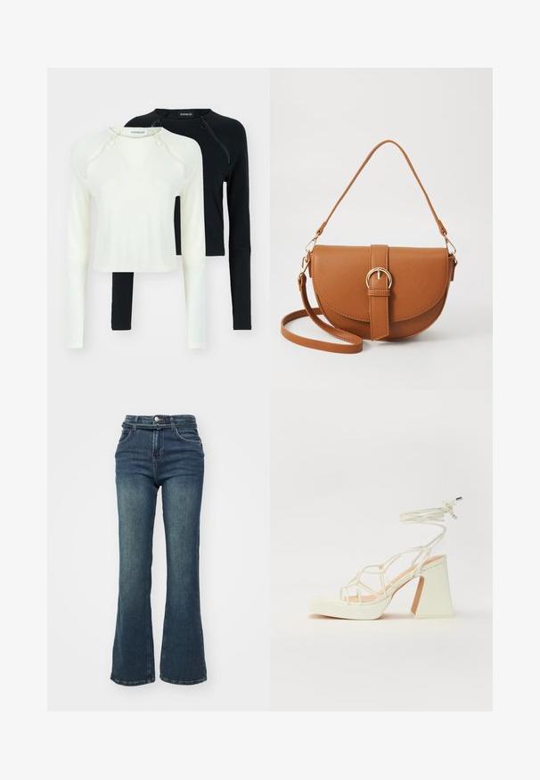 Dwie bluzki z długim rękawem, jedna w kolorze białym, a druga w czarnym. Obie mają okrągłe dekolty i ozdobne zamki błyskawiczne na ramieniu. Gładki materiał.; Ciemnoniebieskie dżinsy z szerokimi nogawkami o wysokim stanie, wykonane z denimu. Posiadają przednie kieszenie, zapięcie na guzik oraz delikatne przetarcia na udach.; Biała sandał na wysokim obcasie z masywnym słupkiem, z paskowym wzorem i wiązaniem przy kostce. Gładka faktura z platformą z przodu dla dodatkowej wysokości.; Brązowa skórzana torba na ramię o zaokrąglonym kształcie, ze złotymi akcentami i zapięciem w formie klamry. Posiada odpinany pasek na ramię.
