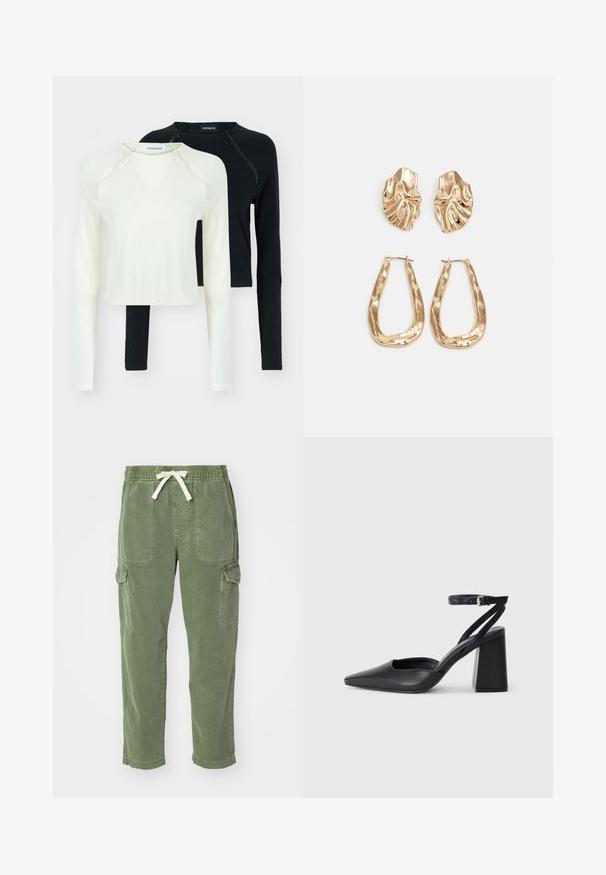 Divi garie piedurknēm, viens baltā un otrs melnā krāsā. Abiem ir apaļi kakla izcirtņi un dekoratīvas rāvējslēdzēja detaļas plecu daļā. Gluda auduma.; Zaļas kokvilnas kravas bikses ar brīvu piegriezumu, elastīgu jostasvietu, auklu un divām lielām sānu kabatām. Mīksta tekstūra.; Melna ādas augstpapēžu kurpe ar norakstīto purngala formu, potītes siksniņu un masīlu papēdi. Gluda tekstūra, elegants dizains un minimālisma estētika.; Zelta krāsas auskari ar teksturētām, viļņotām formām. Iekļauts skulpturāls piespraužams modelis un atvērta gredzenveida konstrukcija ar izsistām virsmām.