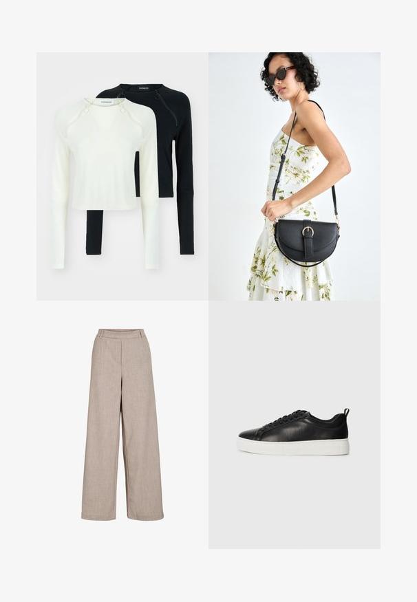 Két hosszú ujjú felső, az egyik fehér, a másik fekete. Mindkettő kerek nyakkal és díszcipzárral rendelkezik a vállon. Sima anyag.; Beige széles szárú nadrág könnyű anyagból. Simás textúrával, elasztikus derékkal és oldalsó zsebekkel rendelkezik a funkcionális részletekért.; Fekete, alacsony szárú bőrsportcipő fekete fűzőkkel és vastag fehér gumitalppal, a külső oldalról, fehér háttér előtt.; Fekete bőrtáska ívelt formával, levehető pánttal és arany színű fémrészekkel. A táskán egy csattal díszített fedél található.