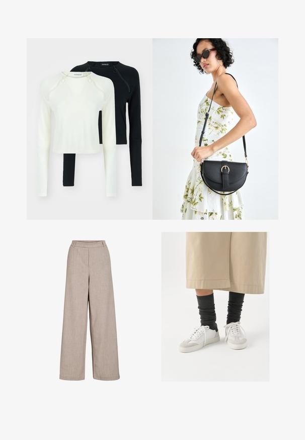 Két hosszú ujjú felső, az egyik fehér, a másik fekete. Mindkettő kerek nyakkal és díszcipzárral rendelkezik a vállon. Sima anyag.; Beige széles szárú nadrág könnyű anyagból. Simás textúrával, elasztikus derékkal és oldalsó zsebekkel rendelkezik a funkcionális részletekért.; Fehér és szürke sportcipők fekete sarokrésszel, sima bőr felsőrésszel és texturált velúr orrral. Sötétszürke, laza zoknikkal viselve.; Fekete bőrtáska ívelt formával, levehető pánttal és arany színű fémrészekkel. A táskán egy csattal díszített fedél található.