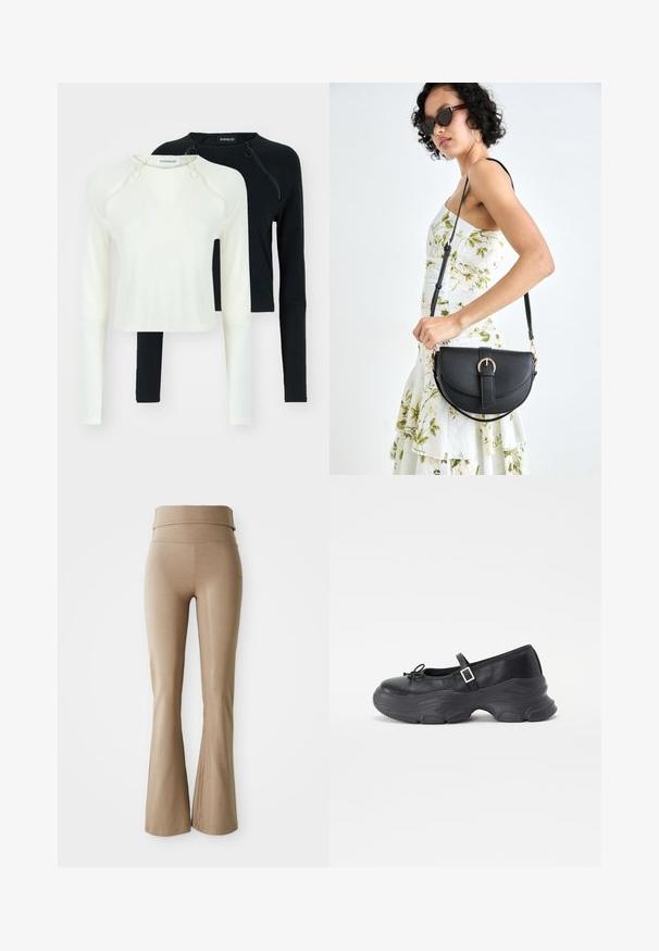 Deux tops à manches longues, l'un blanc et l'autre noir. Les deux présentent des encolures rondes et des zips décoratifs à l'épaule. Tissu lisse.; Leggings beige évasés en tissu extensible ; dotés d'une large taille repliable et de coutures discrètes. Texture lisse, design ajusté.; Chaussure Mary Jane en cuir noir avec un bout rond, un détail en nœud et une sangle de cheville ajustable. Elle possède une semelle en caoutchouc épaisse avec des accents arrondis.; Sac à main en cuir noir avec une forme courbée, bandoulière amovible et des accessoires en or. Le sac est doté d'un rabat avec un détail de boucle.