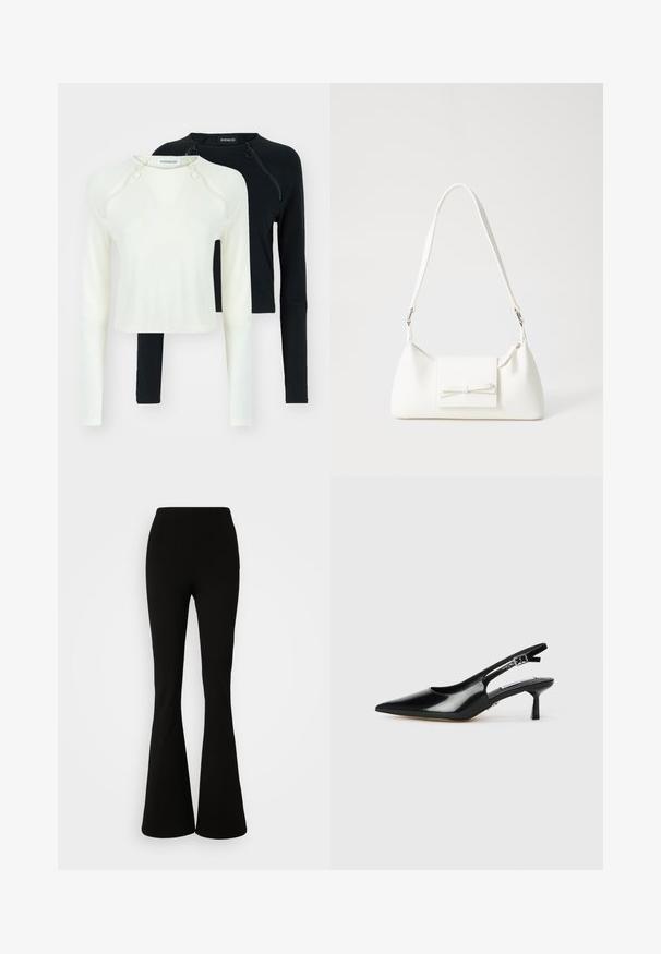 Divi garie piedurknēm, viens baltā un otrs melnā krāsā. Abiem ir apaļi kakla izcirtņi un dekoratīvas rāvējslēdzēja detaļas plecu daļā. Gluda auduma.; Vero Moda Tall VMAUGUSTA SLIM FLARED - Auduma bikses - black; Melnas lakotu ādas kurpes ar atvērtu papēdi, ar smailu purngali, plānu papēdi un regulējamu sprādzi. Gluda tekstūra ar minimālu apdari.; Balta sintētiska soma ar trīsstūrveida formu, plakanu priekšējo vāciņu un loku detaļu, regulējamu siksnu, gludu tekstūru un minimālistisku dizainu.
