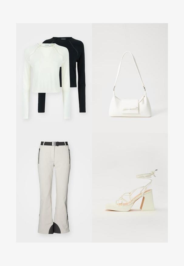 Du dužo ilgio rankovės marškiniai, vieni balti, o kiti juodi. Abu turi apvalią iškirptę ir dekoratyvų užtrauktuką ant peties. Lygus audinys.; Šviesiai pilki sniego kelnės, pagamintos iš tekstūruoto audinio, su juodu juosmeniu, šoninėmis užtrauktukų kišenėmis ir juodais akcentais apačioje.; Balti aukštakulniai sandalai su masyviu kulnu, su dirželių dizainu ir kulkšnies raiščiu. Lygi tekstūra su platforma priekyje, suteikianti papildomą aukštį.; Balta sintetinė rankinė trikampio formos, plokščiu priekiu su užsegimu, kaspino detale, reguliuojama dirželiu, lygia tekstūra ir minimalistišku dizainu.