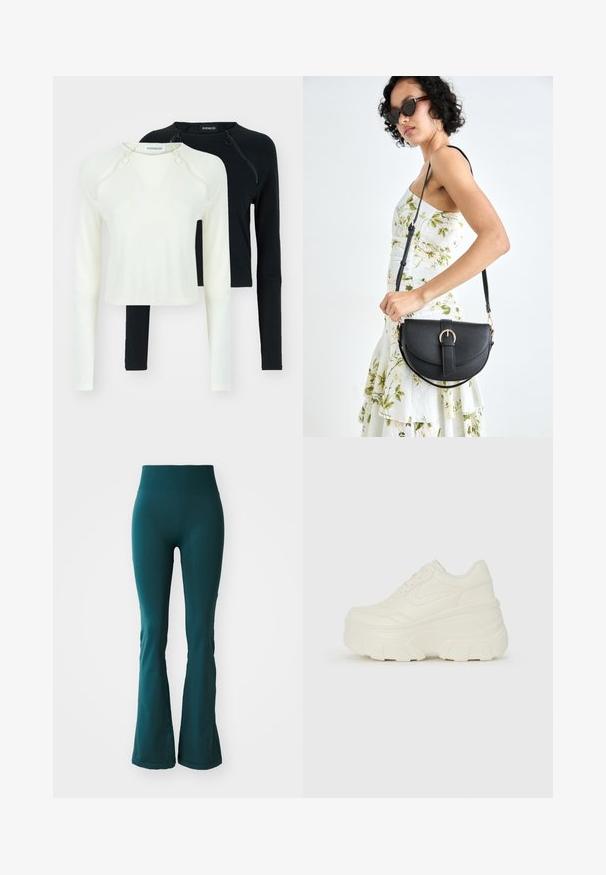 Two long-sleeve tops, one in white and one in black. Both feature round necklines and decorative zippers at the shoulder. Smooth fabric.; Teal flared leggings made of smooth, stretchy fabric with a high waistband, featuring a subtle texture and fitted design.; White platform sneakers featuring a smooth leather-like upper, rounded shape, padded collar, and textured rubber sole with defined treads.; Black leather handbag with a curved shape, detachable strap, and gold hardware. The bag features a flap with a buckle detail.