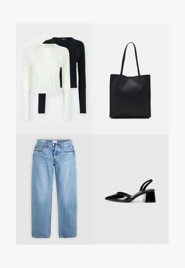 Dva dolga rukava, jedan u bijeloj i jedan u crnoj boji. Obojica imaju okrugle izreze i dekorativne patentne zatvarače na ramenu. Glatka tkanina.; Svijetloplave traperice ravnog kroja s pet džepova i dugmetom za zatvaranje. Imaju ukrasne šavove i čistu ivicu.; Crne lakirane kožne sandale s otvorenom petom i špicastim vrhom, s geometrijskom blok petom. Imaju elegantan, minimalistički dizajn i glatku teksturu.; Crna kožna torba za nošenje s glatkom teksturom, pravokutnim oblikom i dvije duge ručke. Nema vidljivih metalnih dijelova ili ukrasa.
