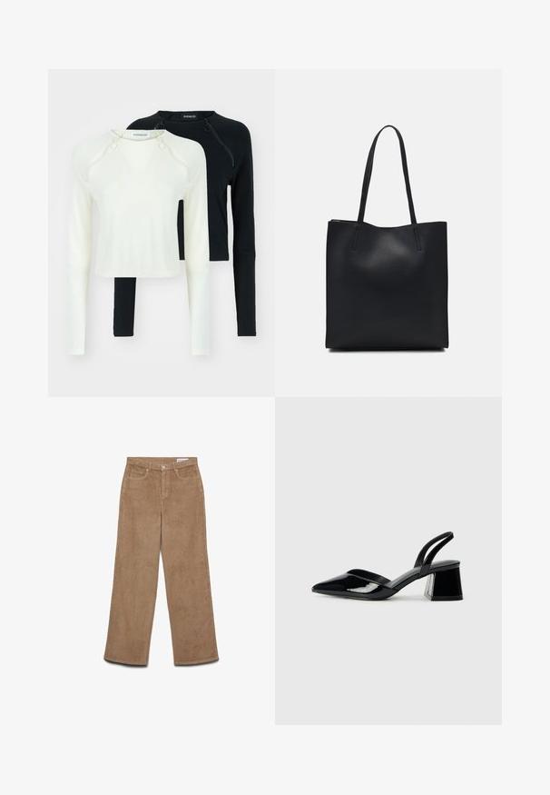 Dvoje tričiek s dlhým rukávom, jedno v bielej a jedno v čiernej farbe. Obe majú okrúhle výstrihy a ozdobné zipsy na pleciach. Hladká tkanina.; Hnedé široké manžetové menčestrové nohavice. Majú textúrovanú látku, päť vreciek a zapínanie na gombík. Rovný strih od bokov po lem.; Čierne lakované kožené sandálové podpätky s špicatou špičkou a geometrickým blokovým podpätkom. Disponujú elegantným, minimalistickým dizajnom a hladkým povrchom.; Čierna kožená taška na rameno s hladkým povrchom, obdĺžnikovým tvarom a dvoma dlhými uchami. Bez viditeľného kovania alebo ozdôb.
