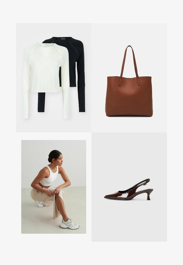 Két hosszú ujjú felső, az egyik fehér, a másik fekete. Mindkettő kerek nyakkal és díszcipzárral rendelkezik a vállon. Sima anyag.; Fehér bordázott crop top, bézs gombos szoknya oldalsó hasítékkal, fehér sportcipő fekete és ezüst részletekkel, könnyű háttér előtt ülve.; Barna lakkbőr slingback cipő hegyes orral és mérsékelt sarkal. Biztonságos illeszkedést biztosító csattal rendelkezik. Sima textúra.; Barna bőr vászontáska sima textúrával, nyitott tetejű dizájnnal és két vállpánttal. Minimális varrással és látható hardver nélkül készült.