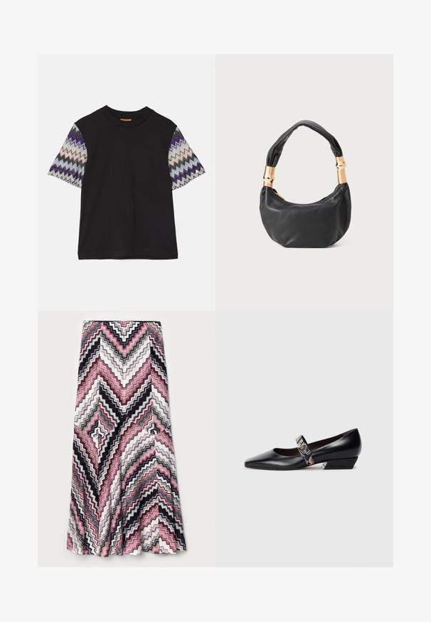 Missoni SHORT SLEEVE - Tričko s potlačou - black/blue; Maxi sukňa s cik-cak vzorom v ružovej, čiernej a bielej farbe, vyrobená z textúrovanej látky so rozšíreným leme.; Čierne kožené lodičky na vysokom podpätku s špicatou špičkou, ktoré majú viacfarebný remienok a zlaté kovanie. Nízky, uhlový blokový podpätok.; Čierna kožená kabelka s guľatým tvarom, príjemnou textúrou a uzlíkovou rukoväťou s akcentmi zlatého tónu. Zipsové uzatvorenie.