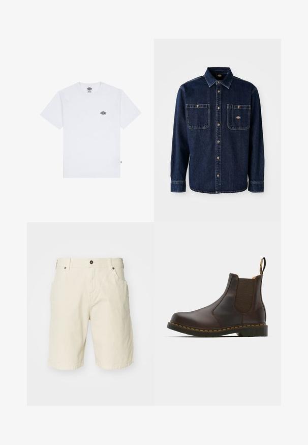 Camiseta de algodón blanca de manga corta, que presenta un pequeño logo negro en el pecho y una etiqueta en la esquina inferior izquierda.; Camisa de denim azul oscuro con cuello, cierre frontal de botones, dos bolsillos en el pecho, botones dorados y costuras visibles. Presenta un logotipo de la marca.; Pantalones cortos de algodón beige con corte recto, con cremallera, bolsillos frontales y dobladillo cosido. Textura suave y diseño minimalista.; Bota Chelsea de cuero marrón con paneles laterales elásticos, tacón texturizado y costuras amarillas de contraste. Cuenta con una lengüeta para facilitar su puesta.