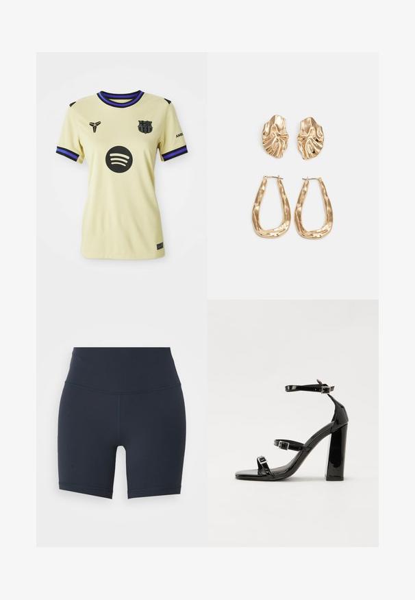 Ljusgul fotbollströja med en svart Spotify-logotyp, klubbmärke och lila detaljer på kragen och ärmarna. Designad med en mjuk textur.; Marinblå högmidjade träningsshorts tillverkade av stretchigt material, med en slät textur och kontrasterande sömmar längs kanterna.; Svarta lackerade klacksandaler med fyrkantig tå, ankelremmar och silverfärgade spännen. Har en kraftig blockklack för stabilitet.; Örhängen i guldton med texturerade, vågiga former. Inkluderar skulpturala clip-on-stift och öppen hoop-design med hamrad finish.
