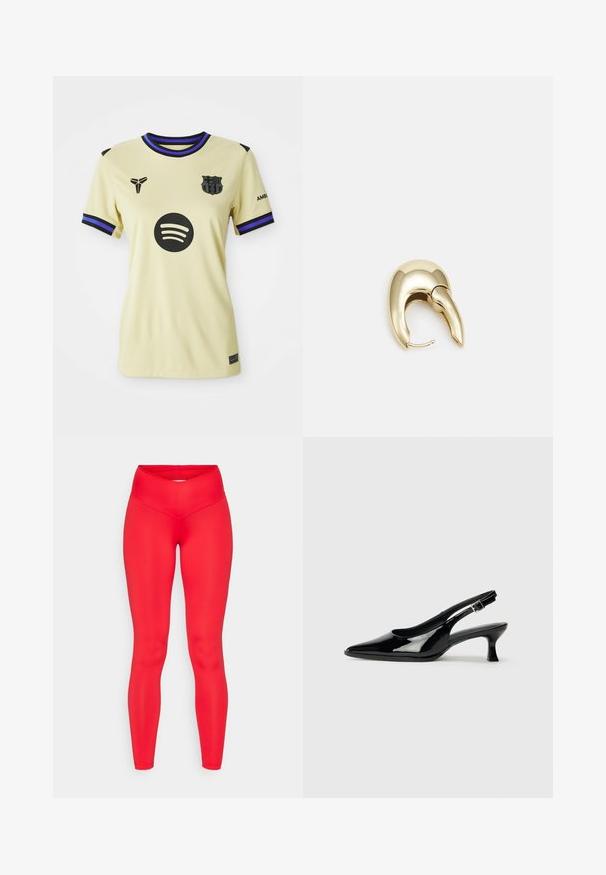 Šviesiai geltona futbolo marškinėliai, kuriuose dėmesio centre juodas Spotify logotipas, klubas ženkliukas ir violetinės detalės apykaklėje bei rankovėse. Sukurti su lygia tekstūra.; Raudoni leggingai, pagaminti iš tamprios medžiagos, su aukštu juosmeniu ir lygiu, blizgiu paviršiumi, turintys prigludusią siluetą.; Juodų lakinės odos slingback batų su smailiu šonu ir žemu blokiniu kulnu. Reguliuojama sagtis aplink kulkšnį.; Aukso tono metalinės auskarai su stilingu, kreiviu dizainu. Išsiskiria ryškiu smailiu pavidalu, poliruota paviršiumi ir užsegimu su vyriu.