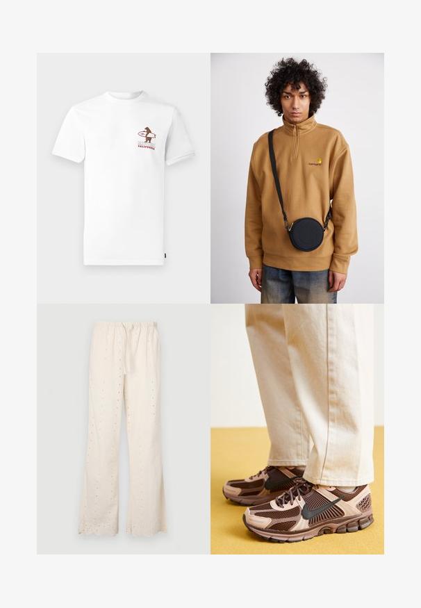 Camiseta blanca de manga corta con cuello redondo y un gráfico de un oso marrón en el lado izquierdo del pecho, junto con el texto "RIPCURL CALIFORNIA."; Pantalones de color crema, holgados, con una cintura elástica, cordón y detalles de ojales a lo largo de la tela y el dobladillo. Bordes con forma de concha.; Las zapatillas Nike presentan una combinación de malla y goma en tonos marrón y rosa claro, con detalles en negro y una suela texturizada, combinadas con pantalones beige.; Sudadera de forro polar marrón con cremallera de un cuarto y logo bordado, combinada con un bolso negro tipo bandolera con cremallera y detalle del logo, usado sobre unos vaqueros.